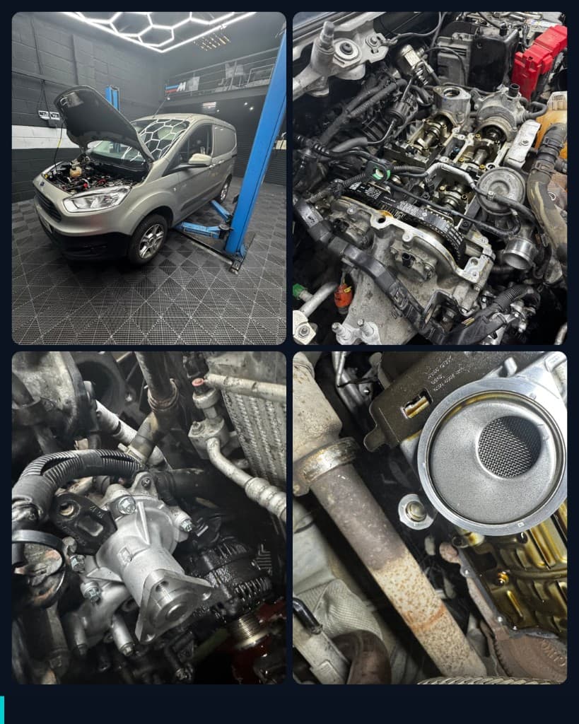 Ford Transit Courier wet belt repair in the Dudley workshop, showing the van on the ramp, the deteriorated timing belt exposed, the replacement assembly and the cleaned oil pickup strainer