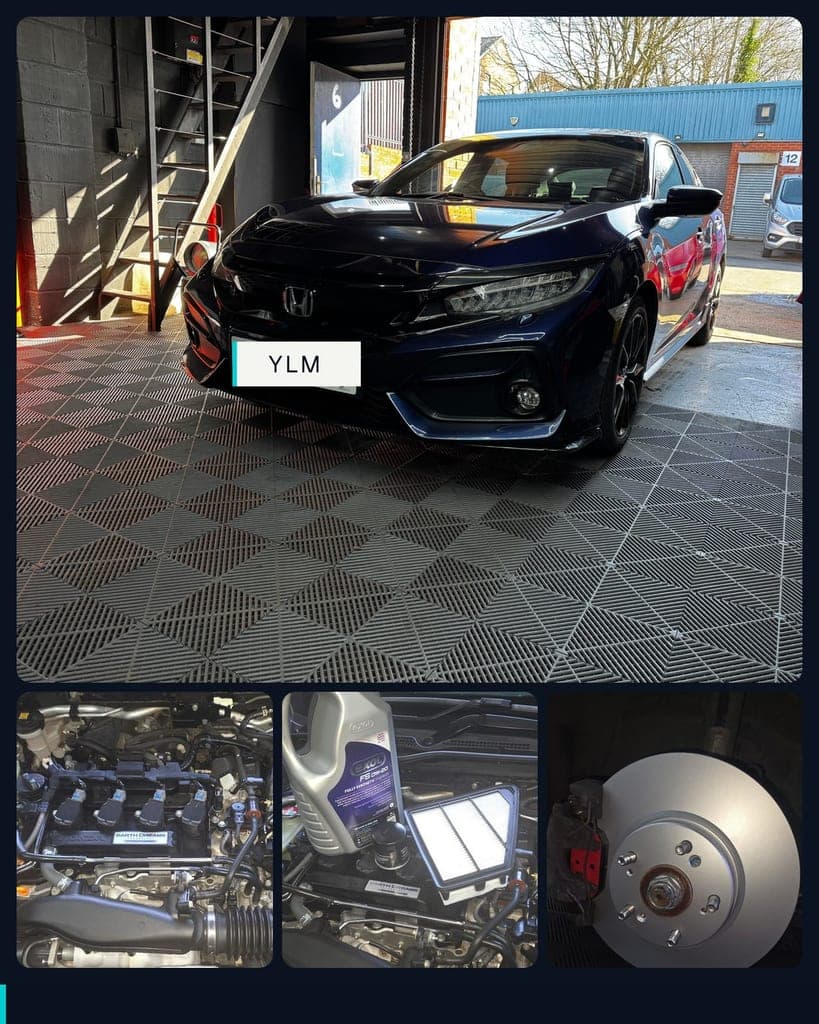 Dark blue 2019 Honda Civic on the workshop floor with the roller door open, alongside close-ups of the engine bay, the new oil and air filter going in, and a new front brake disc fitted with a red caliper