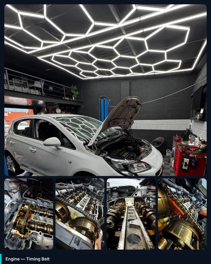 Vauxhall Corsa on the ramp with the bonnet up under the workshop lights, alongside close-ups of the exposed camshafts and the worn timing chain and sprockets