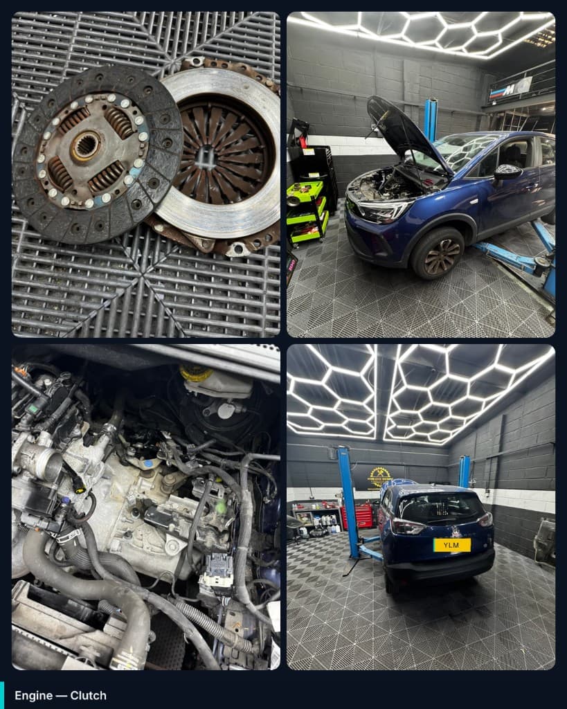The worn clutch disc and pressure plate laid out on the workshop floor grate, alongside the blue Vauxhall Crossland raised on the two-post lift with its bonnet up, a close-up of the gearbox and bellhousing in the engine bay, and the car from behind under the workshop lights