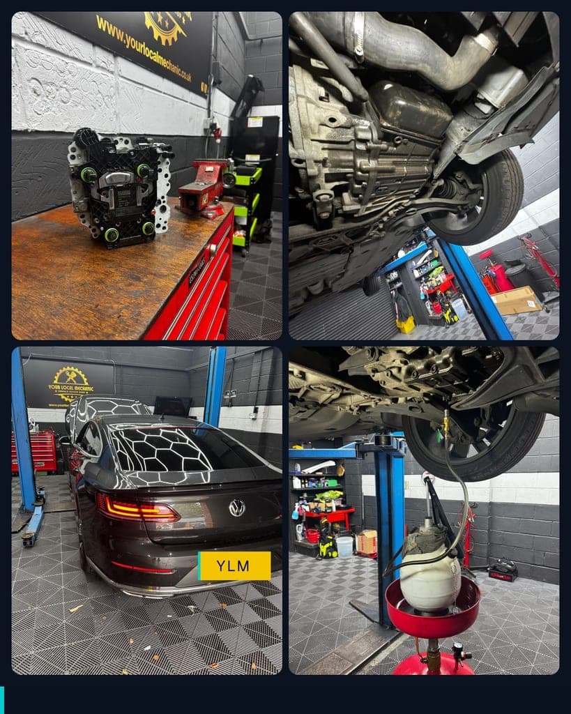 DSG mechatronic unit on the workshop bench with its green solenoid seals, the underside of the gearbox with the car on the ramp, the rear of a dark grey Volkswagen Arteon on the two-post lift in the Dudley workshop, and the gearbox oil being pumped in from underneath the car