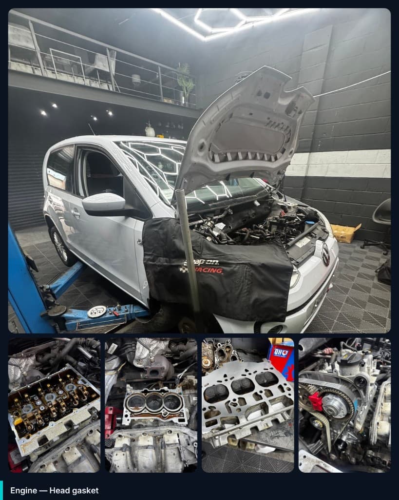 Volkswagen Up on the ramp in the Dudley workshop with the bonnet up, alongside close-ups of the stripped cylinder head, the block face, the skimmed head and the new belt kit fitted