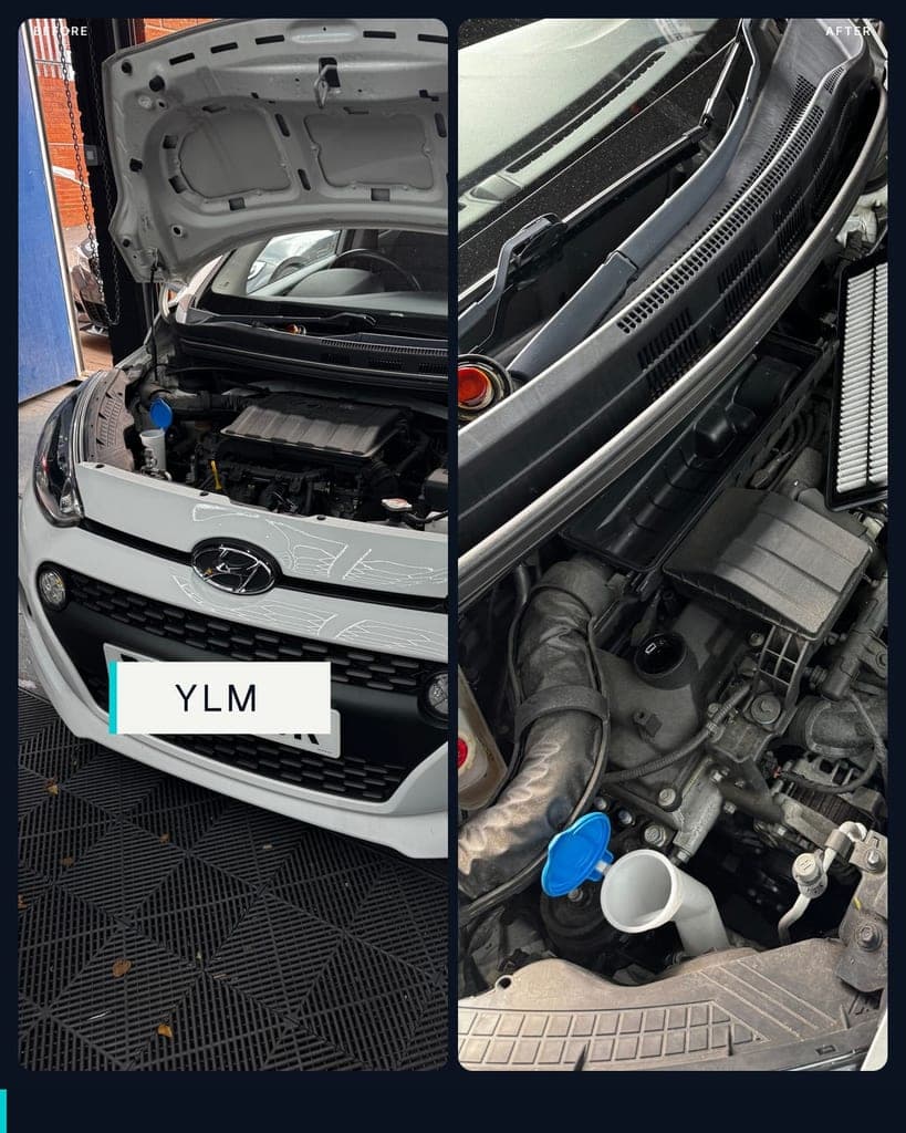 White Hyundai i10 in the Dudley workshop doorway with the bonnet up and the engine bay open, alongside a close-up of the engine bay with the air filter housing and the blue screenwash cap
