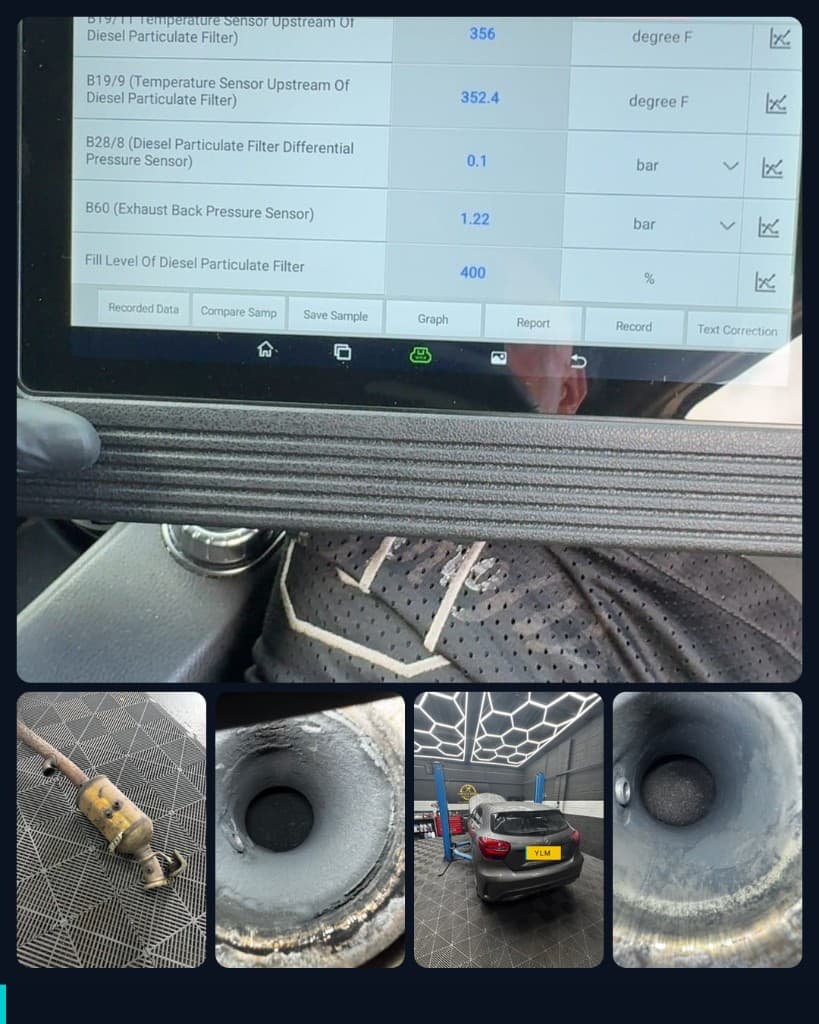 Diagnostic scanner in the Mercedes showing the diesel particulate filter fill level at 400 per cent, with close-ups of the removed filter, its blocked internals, the exhaust temperature sensor and the car on the workshop ramps